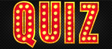 Kabare, tiyatro ya da kumarhane gösterisi için retro lambalı Neon Bar Quiz Sirk tabelası. Hollywood Broadway karnavalı için parlak stili olan klasik 3D kırmızı tipografi. Altın ampul harfleri vektörü.