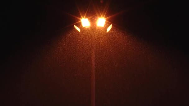 Un lampadaire avec lumière électrique éclairant la neige tombante . — Video