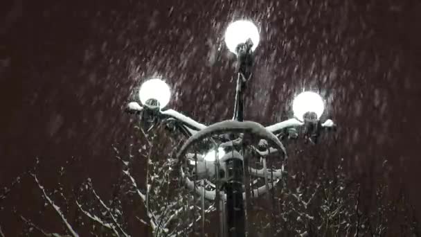 La farola blanca con lámparas redondas iluminando la nieve que cae . — Vídeo de stock
