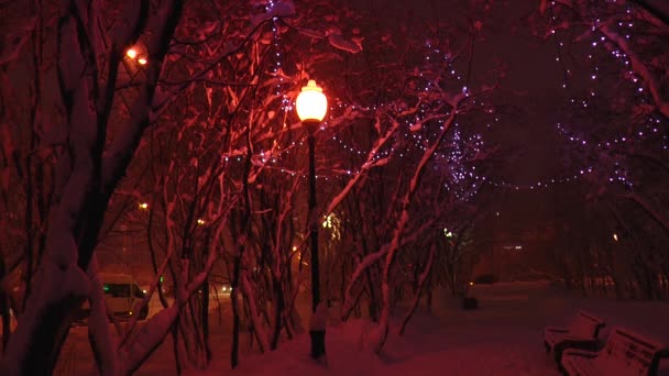 冬天黑暗的废弃的广场，街道灯飘落的雪花. — 图库视频影像