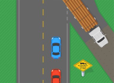 Trafik kuralları ve bahşişler. Kaçak bir şeritten faydalanmak için yoldan geçen dolu bir tomruk kamyonunun üst görüntüsü. Ağır araç fren arızası. Düz vektör resimleme şablonu