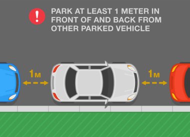 Outdoor parking rules and tips. Top view of a parallel parking. Park at least one meter in front and back from other parked vehicle. Flat vector illustration template.