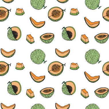 Kavun, Cantalop seamless modeli el çizimi üzerinde beyaz backgr tarafından