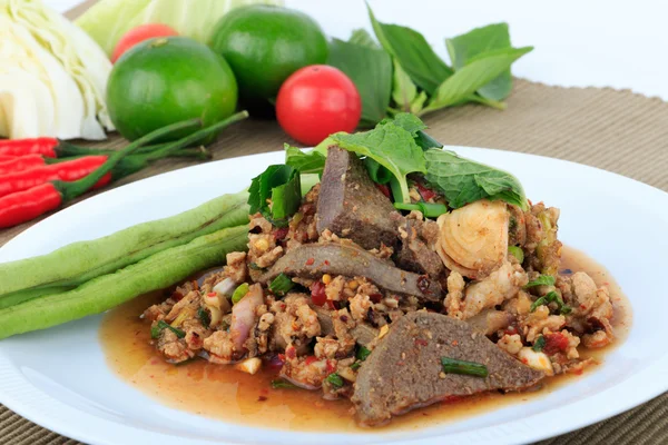 Thai ground pork salad, Spicy minced pork and pork liver salad.