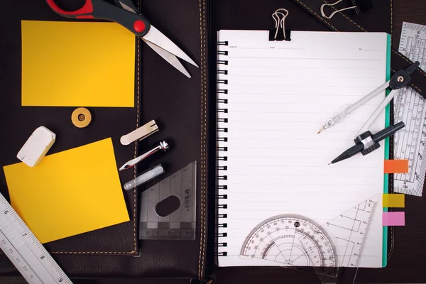 Office table desk with set of Office Stationery or Math Supplies.