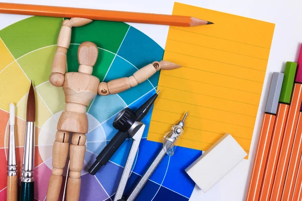 Office table desk with set of tools for creative art work on a white background. — Stock Photo, Image