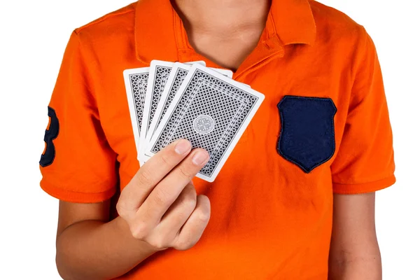 Karty do gry w ręku izolowane na białym tle. — Zdjęcie stockowe
