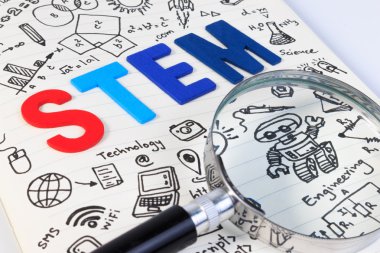 STEM education. Science Technology Engineering Mathematics. STEM concept with drawing background. STEM icon set. clipart