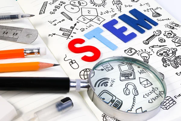 STEM education. Science Technology Engineering Mathematics. STEM concept with drawing background. STEM icon set.