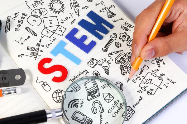 Educación STEM. Ciencia Tecnología Ingeniería Matemáticas. Concepto STEM con fondo de dibujo. Juego de iconos STEM . — Foto de Stock