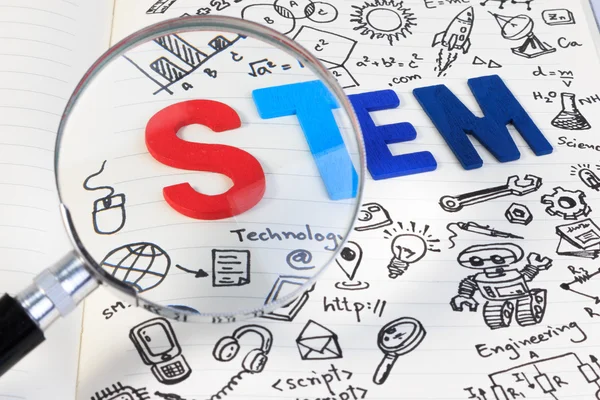 STEM education. Science Technology Engineering Mathematics. STEM concept with drawing background. STEM icon set.