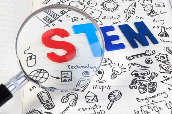 Educação STEM. Ciência Tecnologia Engenharia Matemática. Conceito STEM com fundo de desenho. Conjunto de ícones STEM . — Fotografia de Stock