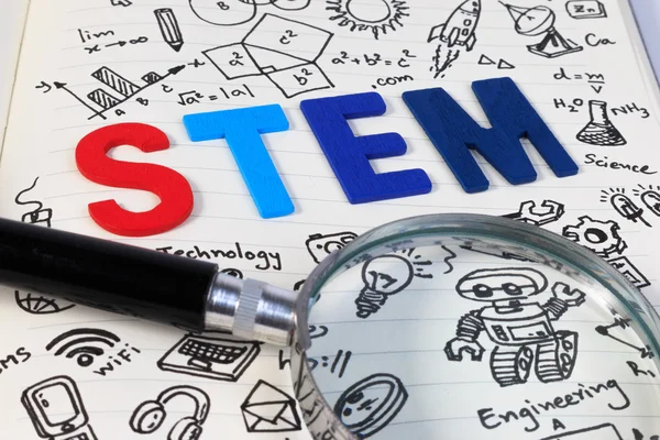 STEM education. Science Technology Engineering Mathematics. STEM concept with drawing background. STEM icon set. — Stock Photo, Image