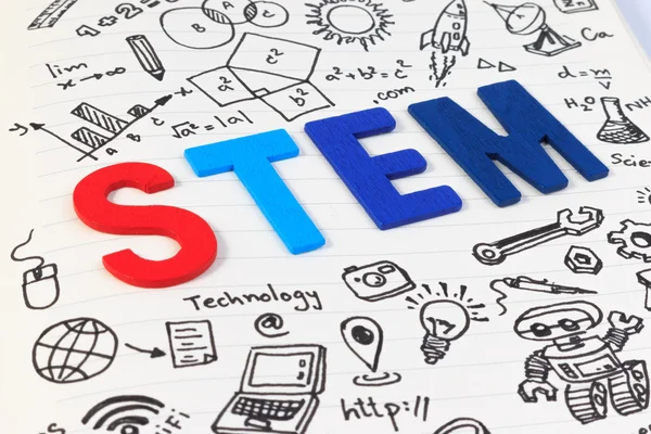 Istruzione STEM. Scienza Tecnologia Ingegneria Matematica. Concetto STEM con sfondo disegno. Set di icone STEM . — Foto Stock