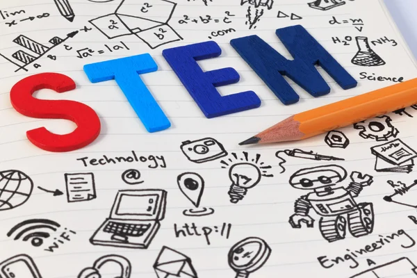 Istruzione STEM. Scienza Tecnologia Ingegneria Matematica. Concetto STEM con sfondo disegno. Set di icone STEM . — Foto Stock