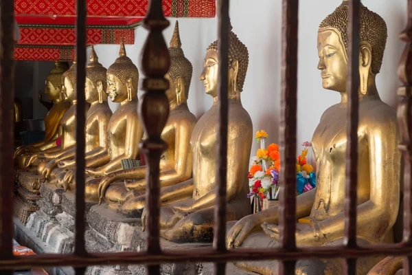 Gouden Boeddhabeeld in publiek tempel in Thailand. Rij van Boeddha imanges in verschillende houding. — Stockfoto
