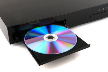 Black CD, DVD player insert to dvd player close-up isolated on white background