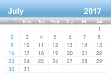 Planning calendar for July 2017