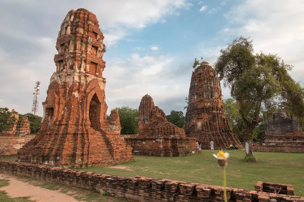 Wat mahathat ("Tempel der großen Reliquie" oder "Tempel des großen Reliquiars") ist der gebräuchliche Kurzname mehrerer wichtiger buddhistischer Tempel in Ayutthaya, Thailand. — Stockfoto