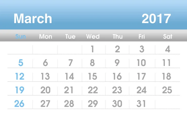 Planning calendar for March 2017 — 图库照片