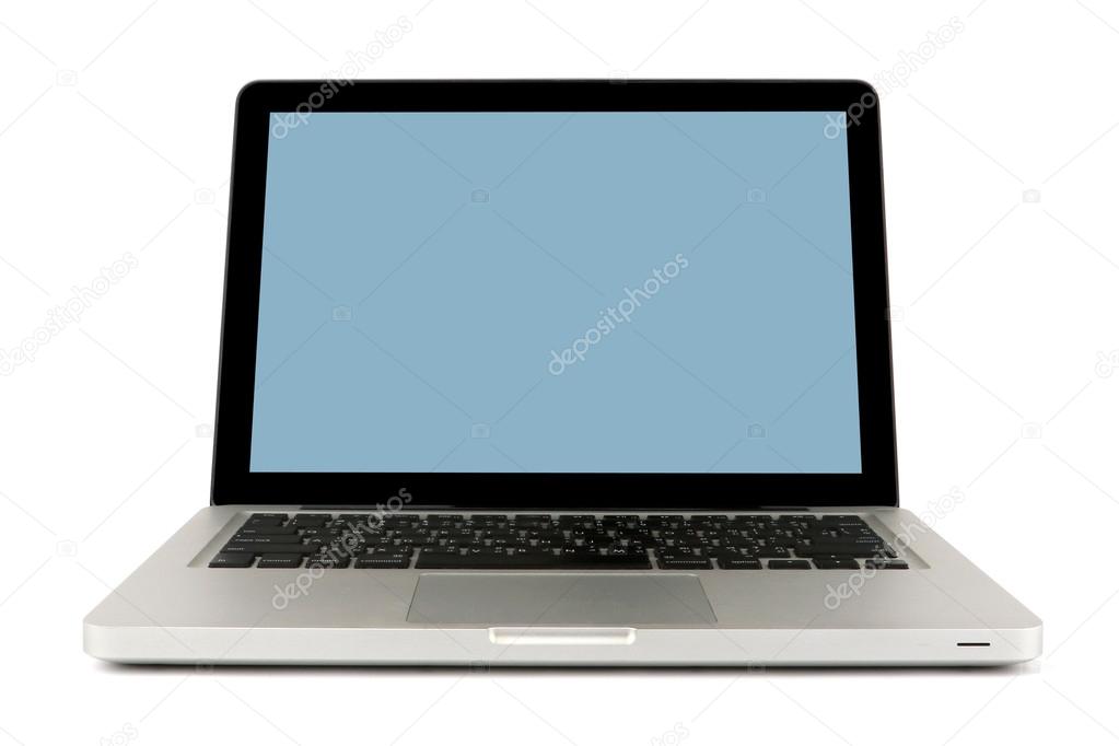 Laptop, Notebook computer on white background, close-up, isolated, white aluminium body.