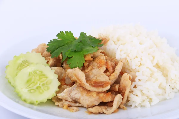 Thailändska favoriträtt, skivad stekt fläsk med vitlök ris, gurka — Stockfoto