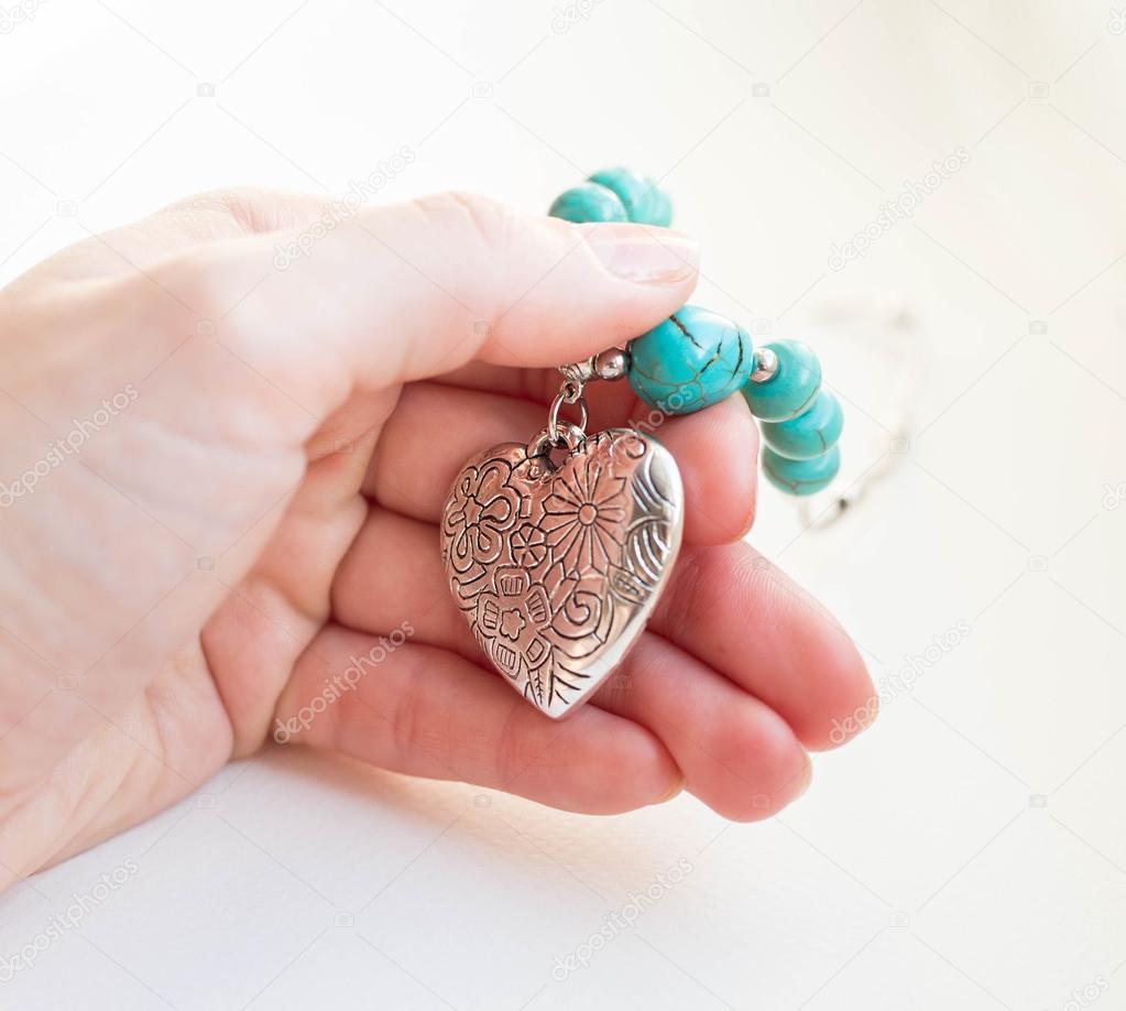 Silver heart with turquoise beads