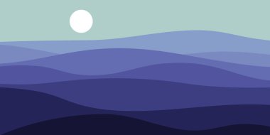 Mavi eğimli dağ manzarası, şeffaf dalgalar, soyut renkli cam şekiller, modern arkaplan, dağların düz tasarım çizimi