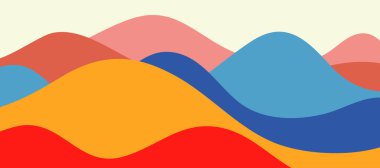 Çok renkli dağ manzarası, şeffaf dalgalar, soyut renkli cam şekiller, modern arka plan, dağların düz tasarım çizimi.