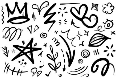 El çizimi karikatür ifadeleri karalama, eğri yön okları, ifade efektleri tasarım elemanları, çizgi film karakteri duygu sembolleri, sevimli dekoratif fırça darbeleri..