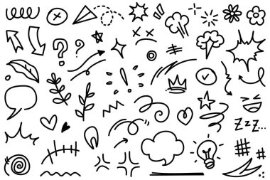 Çizim ögesi çizimi ayarlandı. Soyut doğa unsuru dekorasyon grafik simgesi seti. Fırça için çizim el çizimi ögesi, soyut dekorasyon tasarımı. Vektör illüstrasyonu