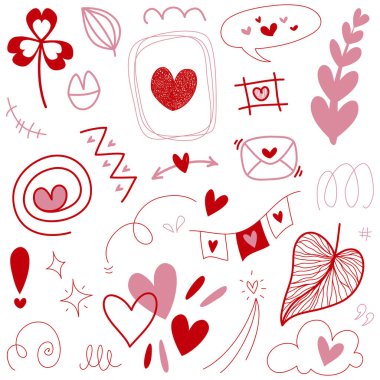 Doodle Hearts, el yapımı aşk kalpleri. Vektör illüstrasyonu.