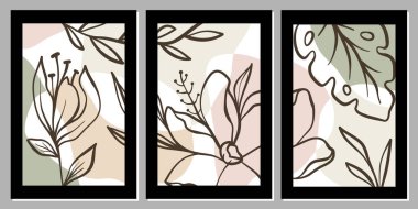 İçinde papatyalar ve yapraklar olan basit bir çiçek posteri koleksiyonu. Modern botanik baskıları çağdaş minimalist tarzda. Parlak sarı, mavi ve pembe renkli moda ve eğlenceli posterler.