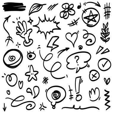 El çizimi karikatür ifadeleri karalama, eğri yön okları, ifade efektleri tasarım elemanları, çizgi film karakteri duygu sembolleri, sevimli dekoratif fırça darbeleri..