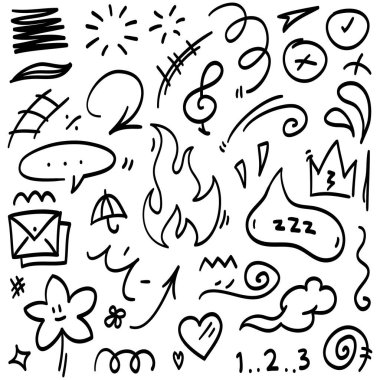 El çizimi karikatür tabelaları karalama, eğri yönlü oklar, ateş, emotikon efektleri tasarım elemanları, çizgi film karakteri duygu sembolleri, şirin dekoratif fırça darbeleri..