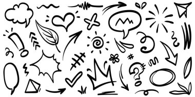 El yapımı elementler, soyut oklar, konuşma baloncukları, kalpler, yıldızlar, taçlar ve konsept tasarım için elle çizilmiş diğer elementlerden oluşan bir koleksiyon. Karalama fikirleri.