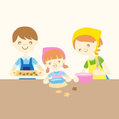 Mutfakta Mutlu Aile Pastanesi ve Yemekler Bir arada, vektör karikatür çizimi 