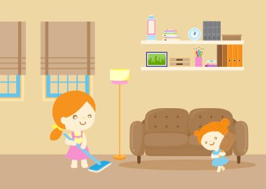 Ev Ailesinin temizlik evinde kal. Anne ve çocuk oturma odasını birlikte temizliyor. vektör illüstrasyonu