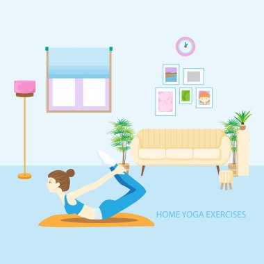 Karakter çizgi filmdeki kız, ev vektörü çiziminde yoga egzersizleri yapıyor..