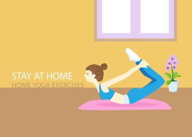 Ev konsepti tasarımında kal, karakter çizgi film kızı yoga egzersizleri yap, arka planda ışık vektörü illüstrasyonunda izole ol.