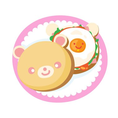 Çocuk kahvaltısı, omlet, buharlı sosis, domates, Şirin Gıdalar tarzı, Vector Illustration