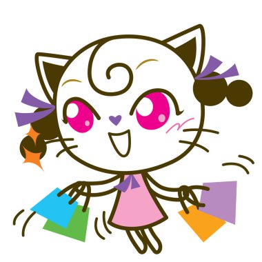 Kedi Kız Karakteri, Kedi Miyav alışverişi, Vektör illüstrasyonu