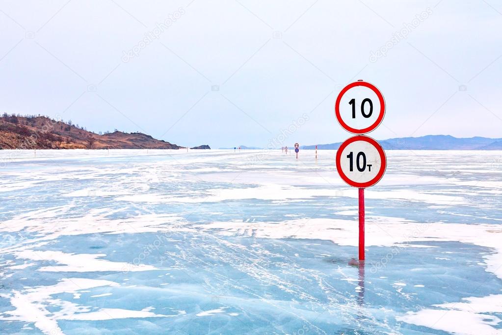 Warning traffic sign on Baikal ice crossing to Olkhon island