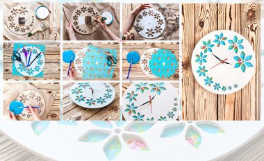 Ana sınıfın fotoğraflarından oluşan bir kolaj. El yapımı izle. Saat üretimi için adım adım talimatlar. Ellerine dikkat et. Ahşap arka plan üzerinde saat.