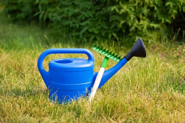 Ferramentas de jardim coloridas, uma lata de rega de plástico azul e ancinho . — Fotografia de Stock