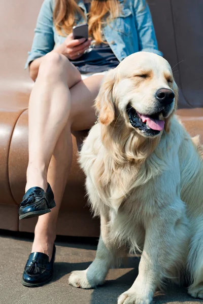 Joven mujer y su perro golden retriever en el parque — Foto de Stock