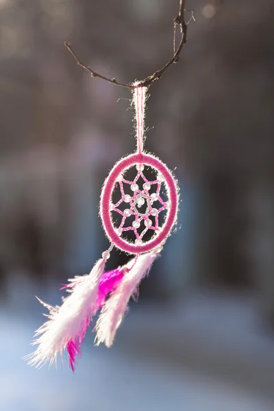 El yapımı pamuk iplikler kullanarak Dreamcatcher tüyleri renkli — Stok fotoğraf