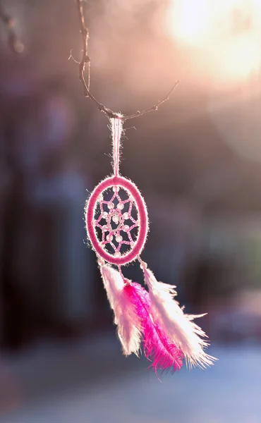 Dreamcatcher kézzel készített fonal segítségével egy rózsaszín toll — Stock Fotó