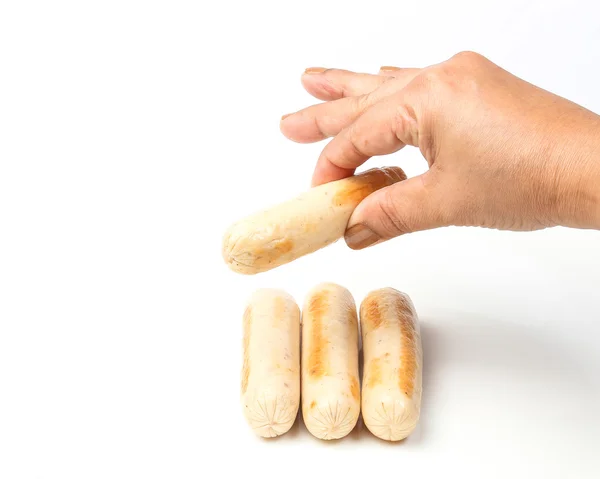 Chicken sausage hold by finger — Stock Photo, Image