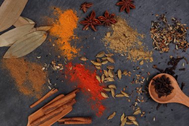 Karışık baharatlı tarçınlı kakule karanfil defne yaprağı ahşap biber kimyonlu zerdeçal.